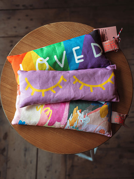 Nicola Rowlands Handmade lavender eye pillow LOVED with rainbow design -for meditation, deep sleep or yoga. LGBTQ pride edition