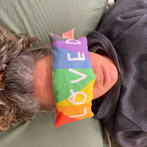 Nicola Rowlands Handmade lavender eye pillow LOVED with rainbow design -for meditation, deep sleep or yoga. LGBTQ pride edition