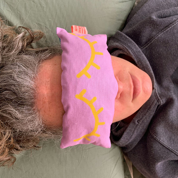 Nicola Rowlands Handmade lavender eye pillow violet with yellow sleepy eyes -for meditation, deep sleep or yoga