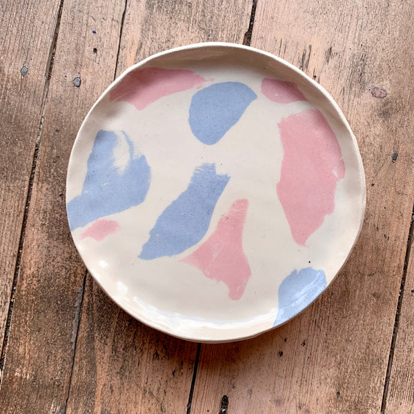 Hand thrown Moss Studio ceramic plate made in Altrincham: natural pale blue/pink