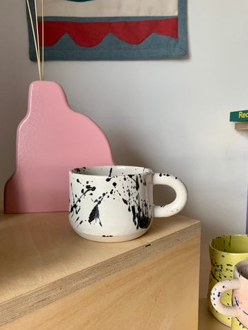 Hand thrown Moss Studio ceramic mug made in Altrincham: white with black